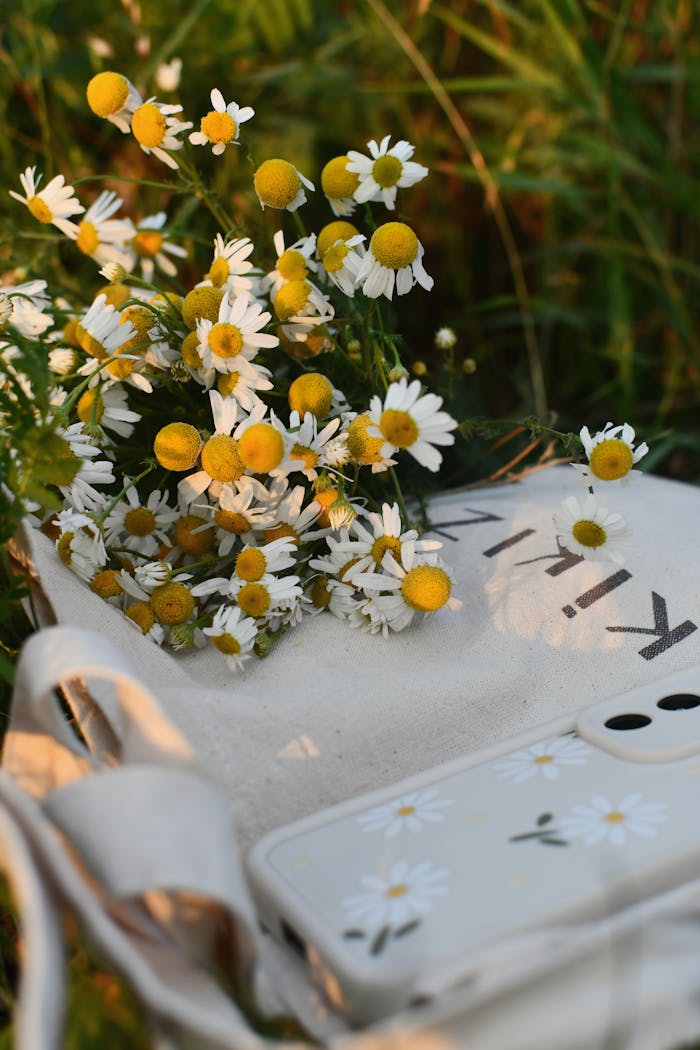 A bundle of chamomile flowers placed on a tote bag in a sunlit field, evoking a serene and natural vibe.