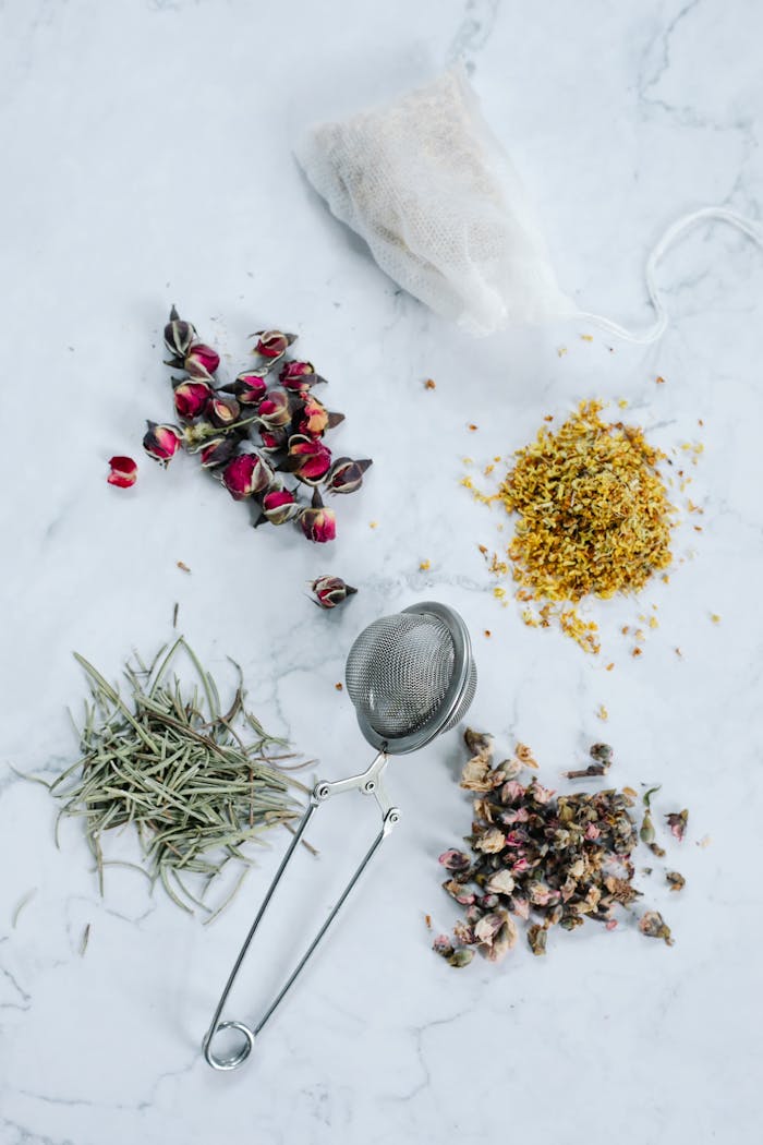 Top view of various dried herbal ingredients and tea infuser on a marble surface.